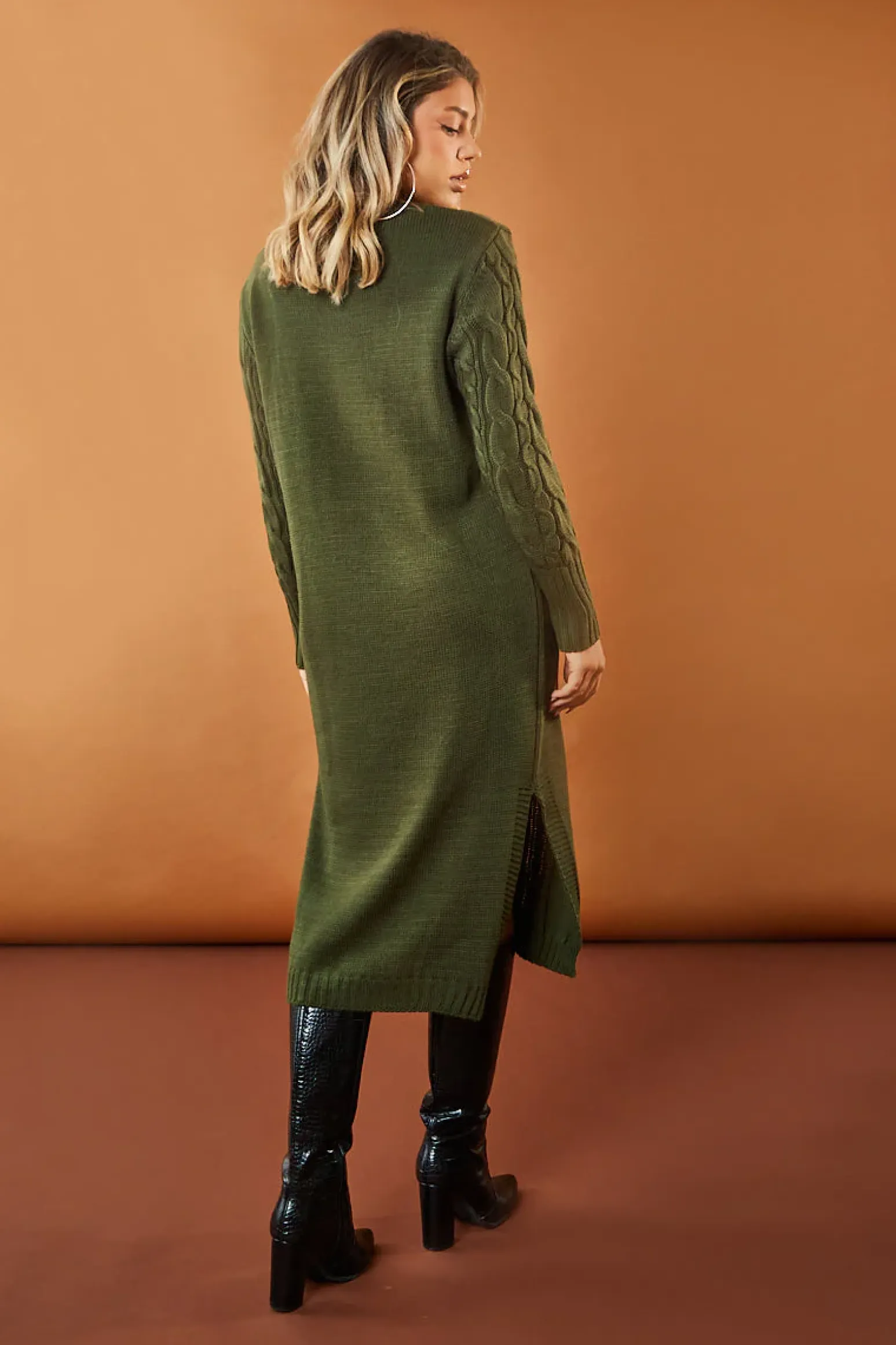 Rebellious Fashion Khaki Cabled Knit Oversized Midi Dress - Susan