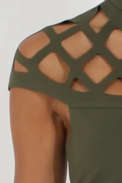 Rebellious Fashion Khaki Cage High Neck Bodycon Dress- Kade