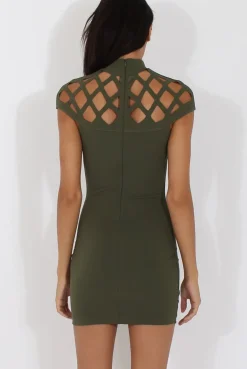 Rebellious Fashion Khaki Cage High Neck Bodycon Dress- Kade