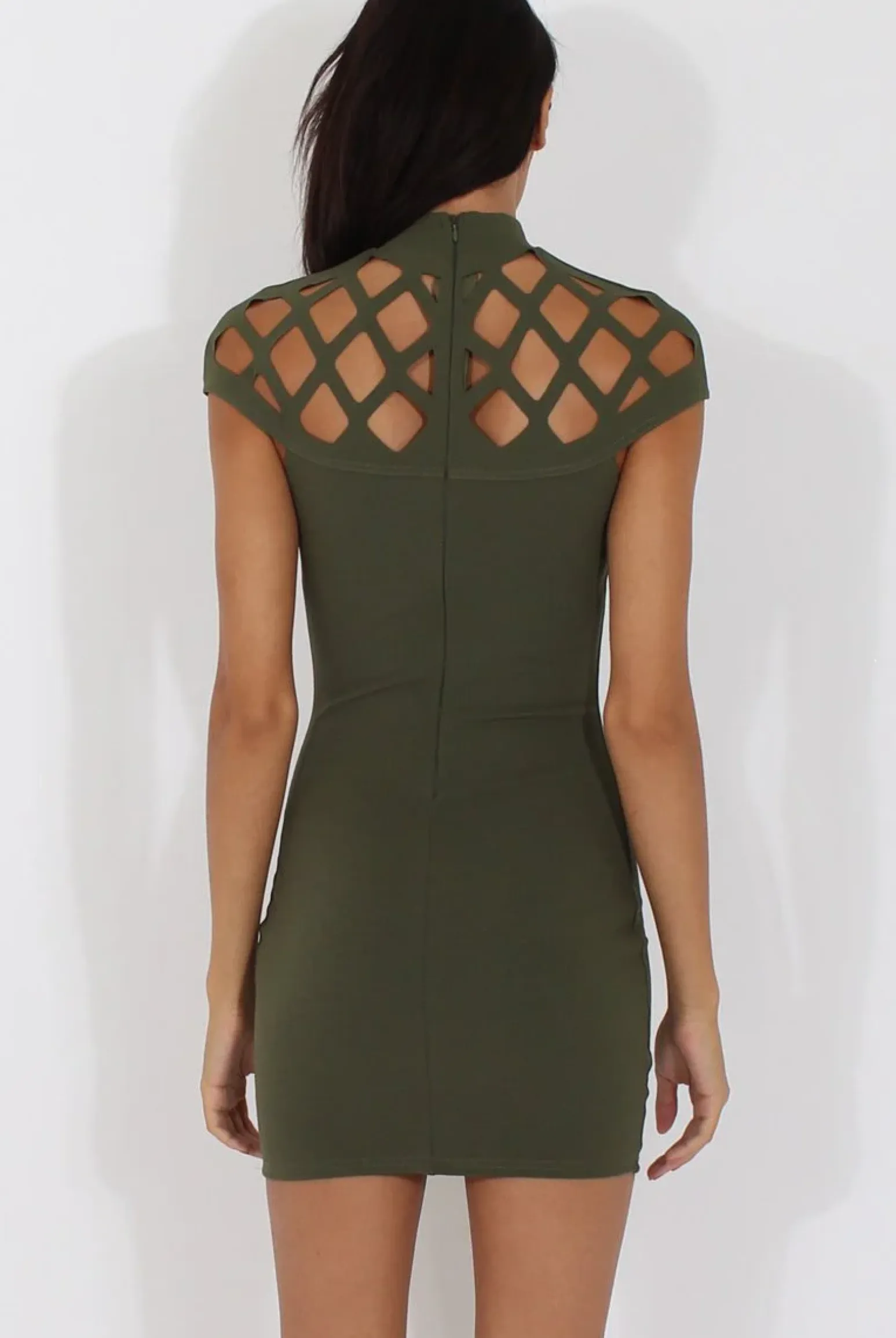 Rebellious Fashion Khaki Cage High Neck Bodycon Dress- Kade