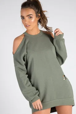 Rebellious Fashion Khaki Cold Shoulder Distressed Jumper Dress - Kylie