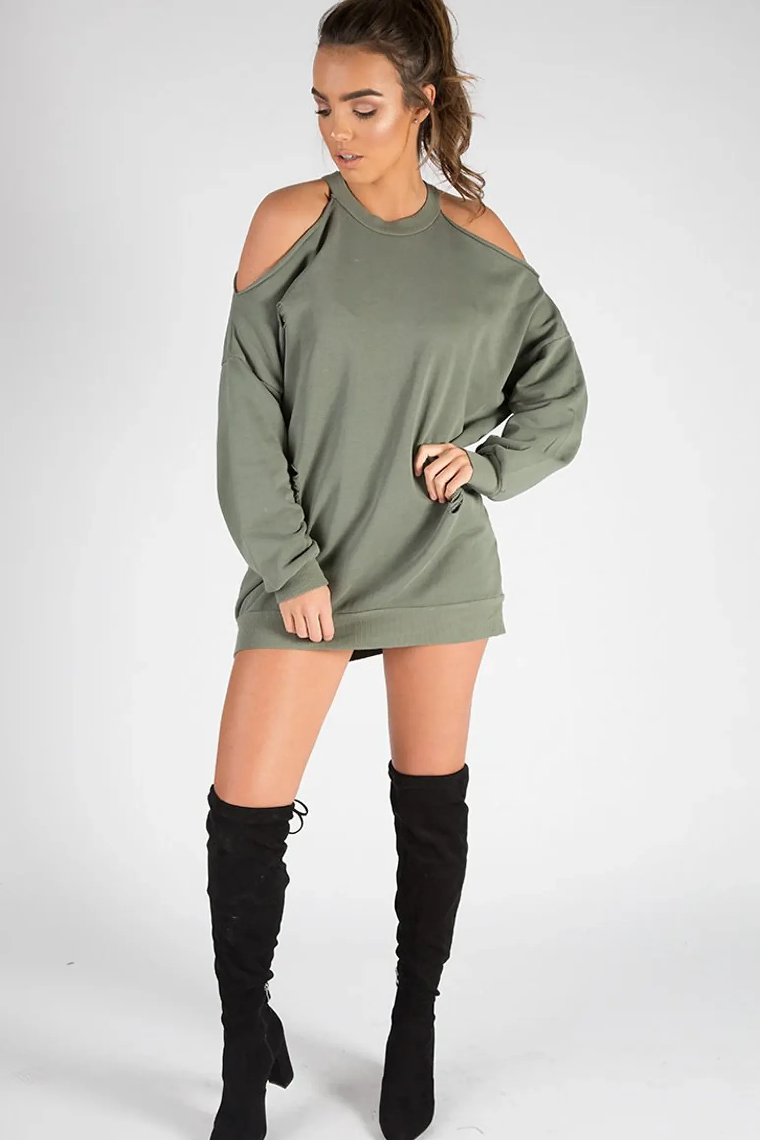 Rebellious Fashion Khaki Cold Shoulder Distressed Jumper Dress - Kylie