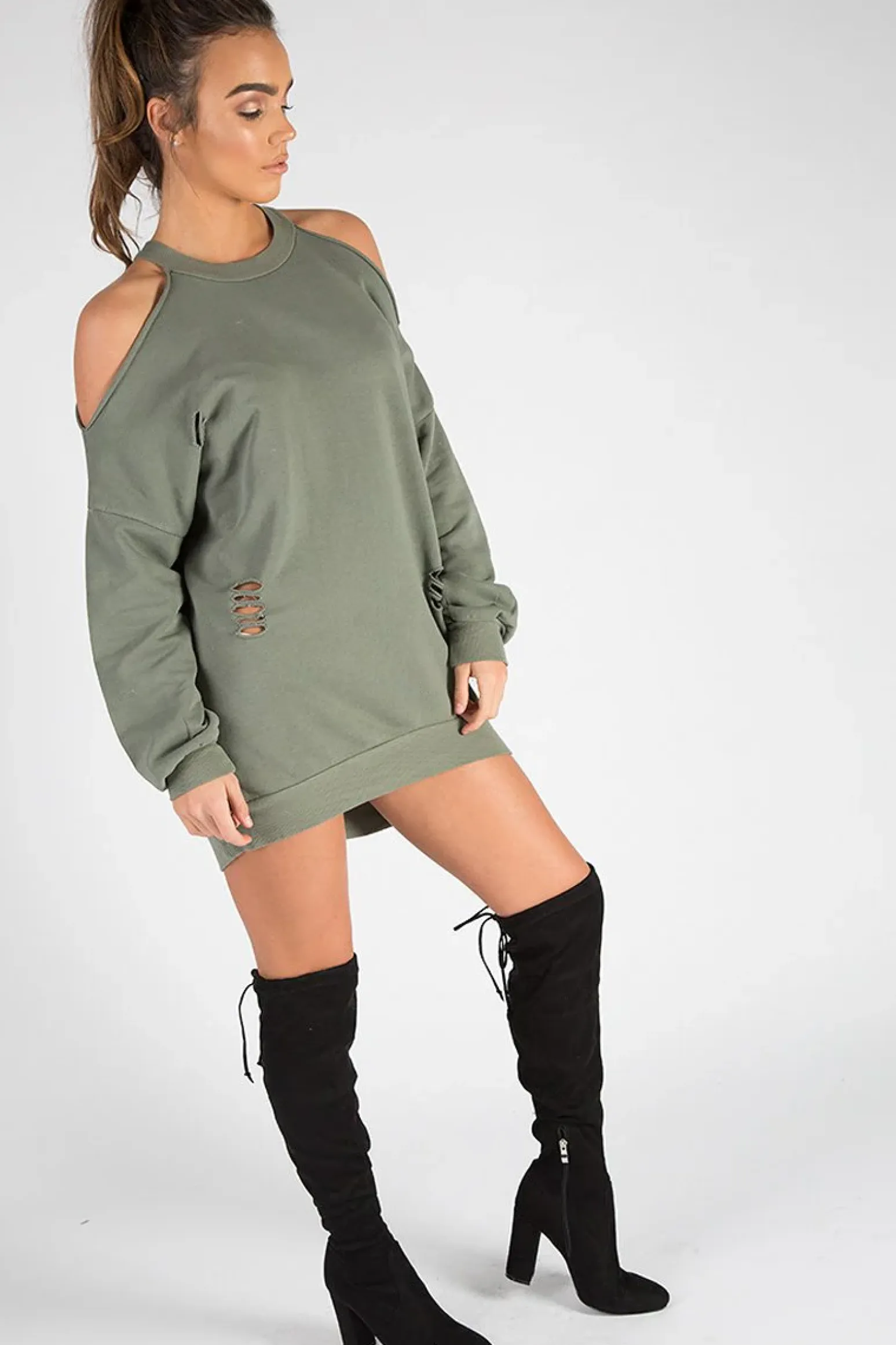 Rebellious Fashion Khaki Cold Shoulder Distressed Jumper Dress - Kylie