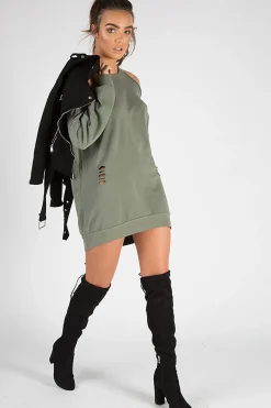 Rebellious Fashion Khaki Cold Shoulder Distressed Jumper Dress - Kylie