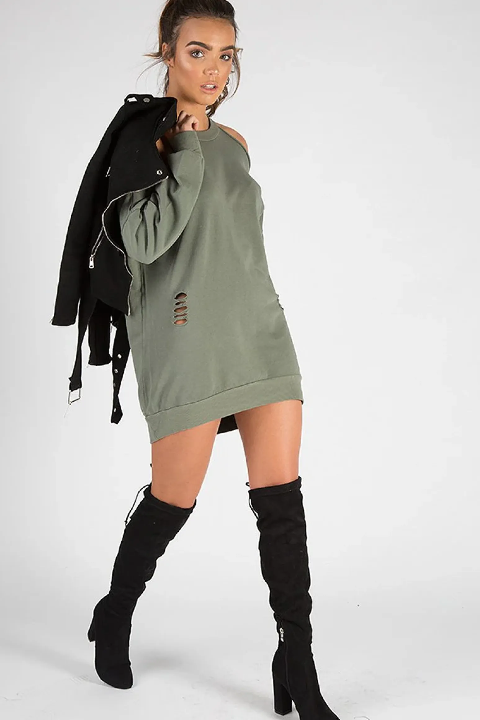 Rebellious Fashion Khaki Cold Shoulder Distressed Jumper Dress - Kylie
