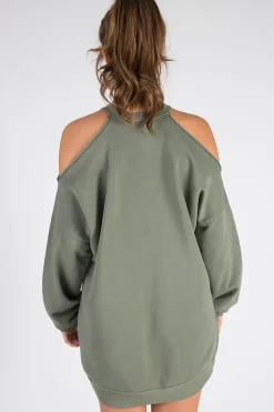 Rebellious Fashion Khaki Cold Shoulder Distressed Jumper Dress - Kylie
