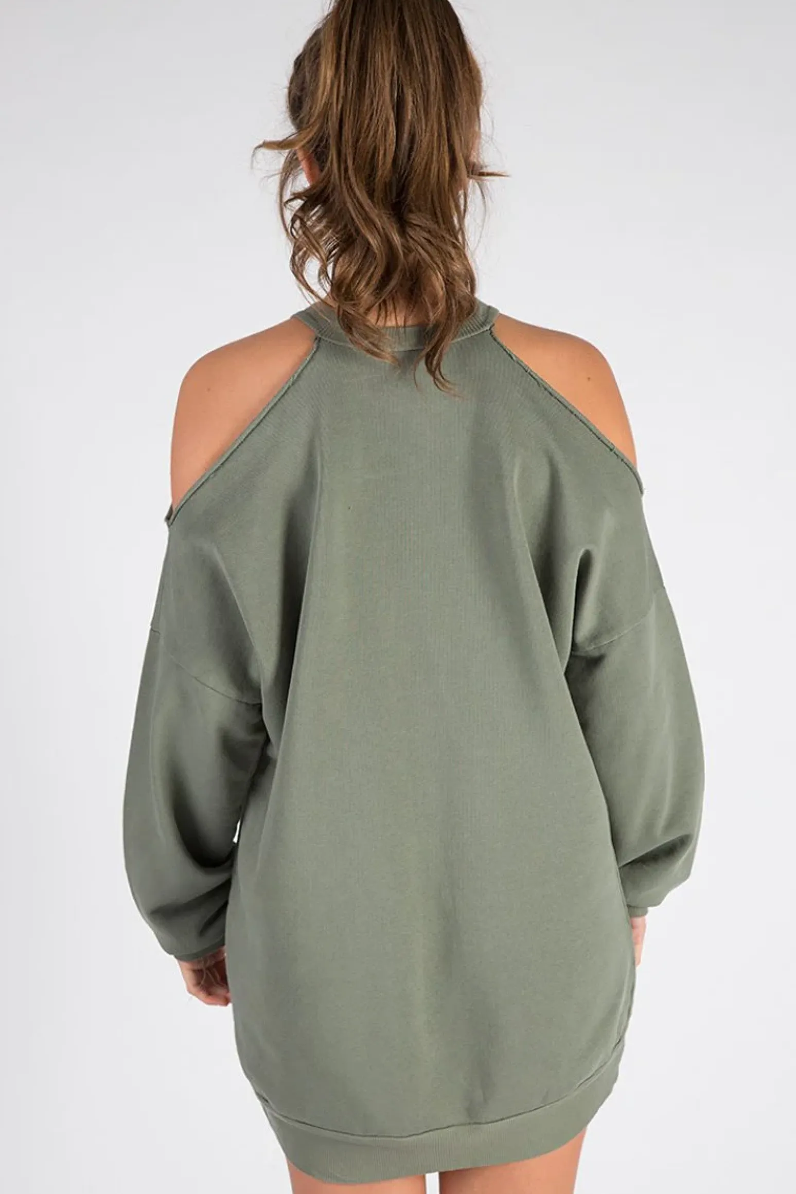 Rebellious Fashion Khaki Cold Shoulder Distressed Jumper Dress - Kylie
