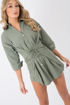 Rebellious Fashion Khaki Corset Front Shirt Dress - Malika