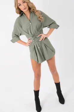 Rebellious Fashion Khaki Corset Front Shirt Dress - Malika