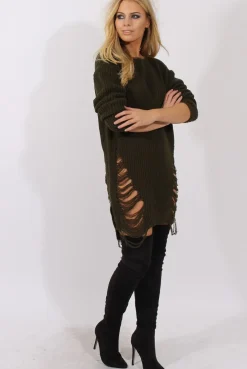 Rebellious Fashion Khaki Distressed Jumper Dress - Kim