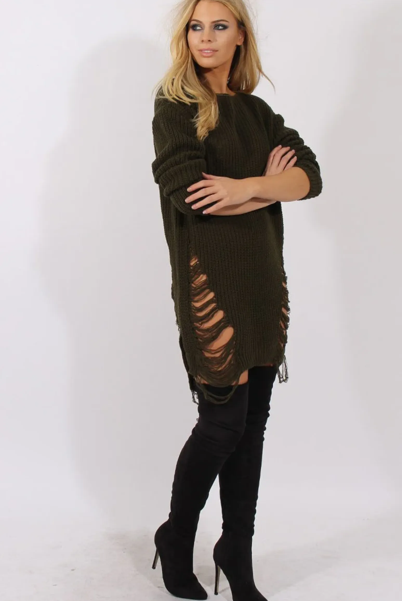 Rebellious Fashion Khaki Distressed Jumper Dress - Kim