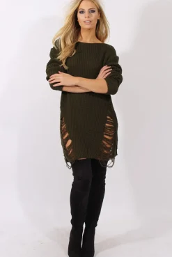 Rebellious Fashion Khaki Distressed Jumper Dress - Kim