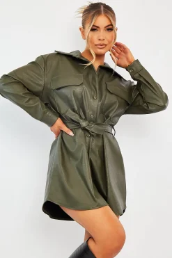 Rebellious Fashion Khaki Faux Leather Belted Shirt Mini Dress - Alese