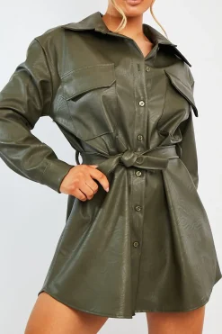 Rebellious Fashion Khaki Faux Leather Belted Shirt Mini Dress - Alese