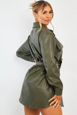 Rebellious Fashion Khaki Faux Leather Belted Shirt Mini Dress - Alese