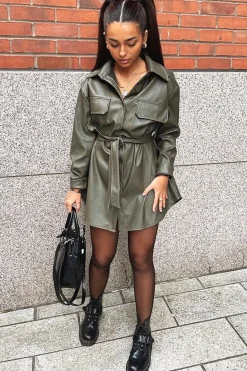 Rebellious Fashion Khaki Faux Leather Belted Shirt Mini Dress - Alese