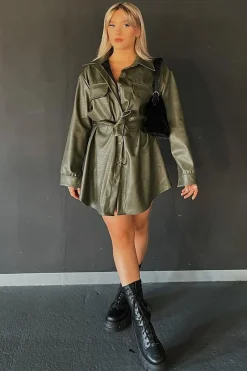 Rebellious Fashion Khaki Faux Leather Belted Shirt Mini Dress - Alese