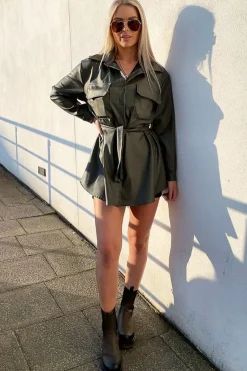 Rebellious Fashion Khaki Faux Leather Belted Shirt Mini Dress - Alese