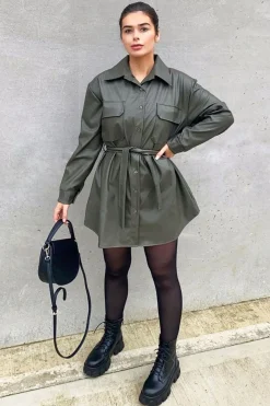 Rebellious Fashion Khaki Faux Leather Belted Shirt Mini Dress - Alese