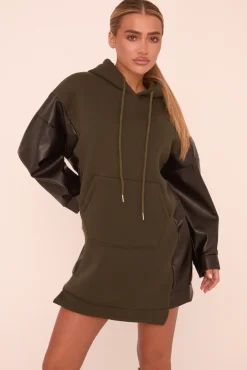 Rebellious Fashion Khaki Faux Leather Long Sleeves Hooded Jumper Dress - Kary