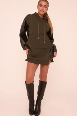 Rebellious Fashion Khaki Faux Leather Long Sleeves Hooded Jumper Dress - Kary