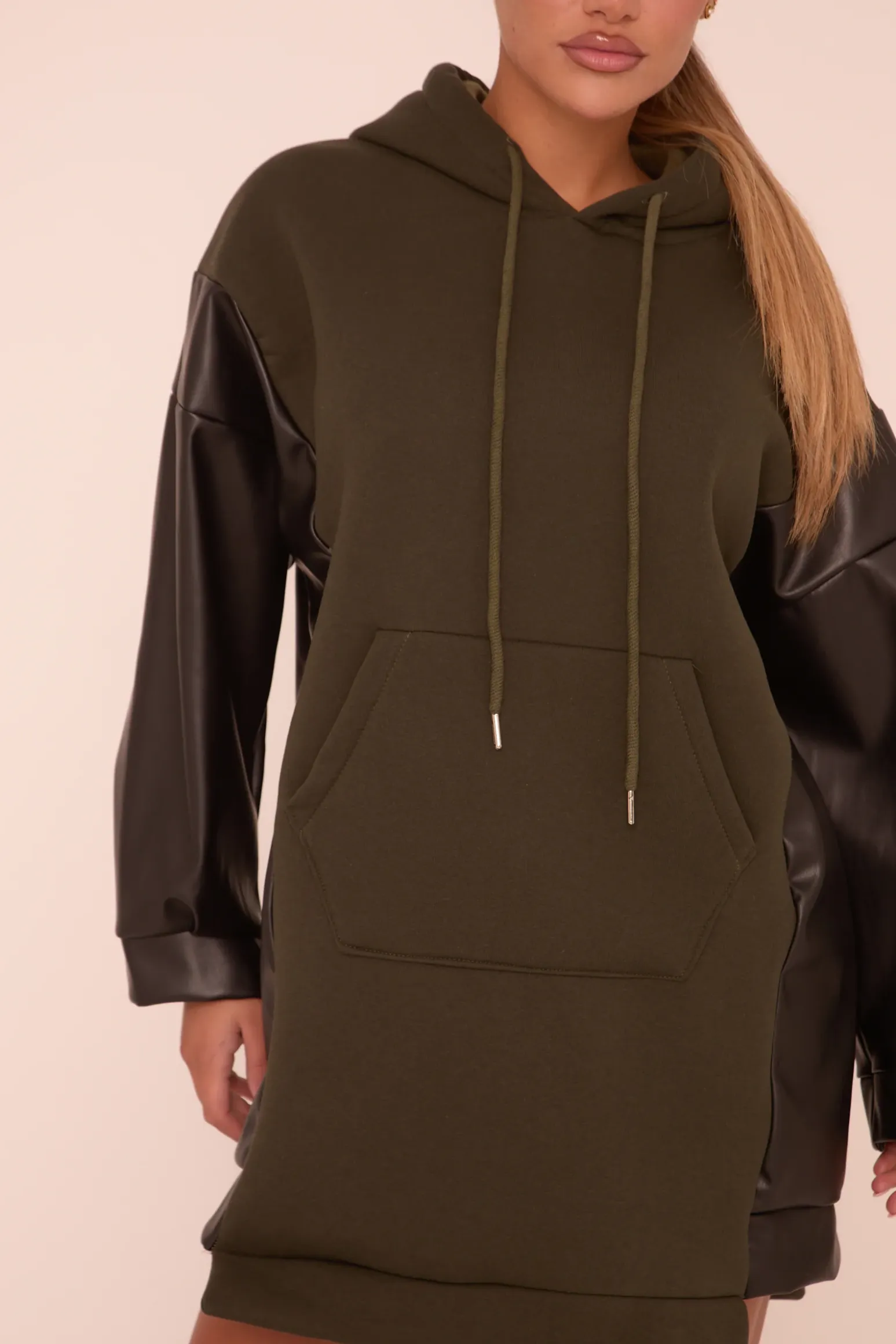 Rebellious Fashion Khaki Faux Leather Long Sleeves Hooded Jumper Dress - Kary