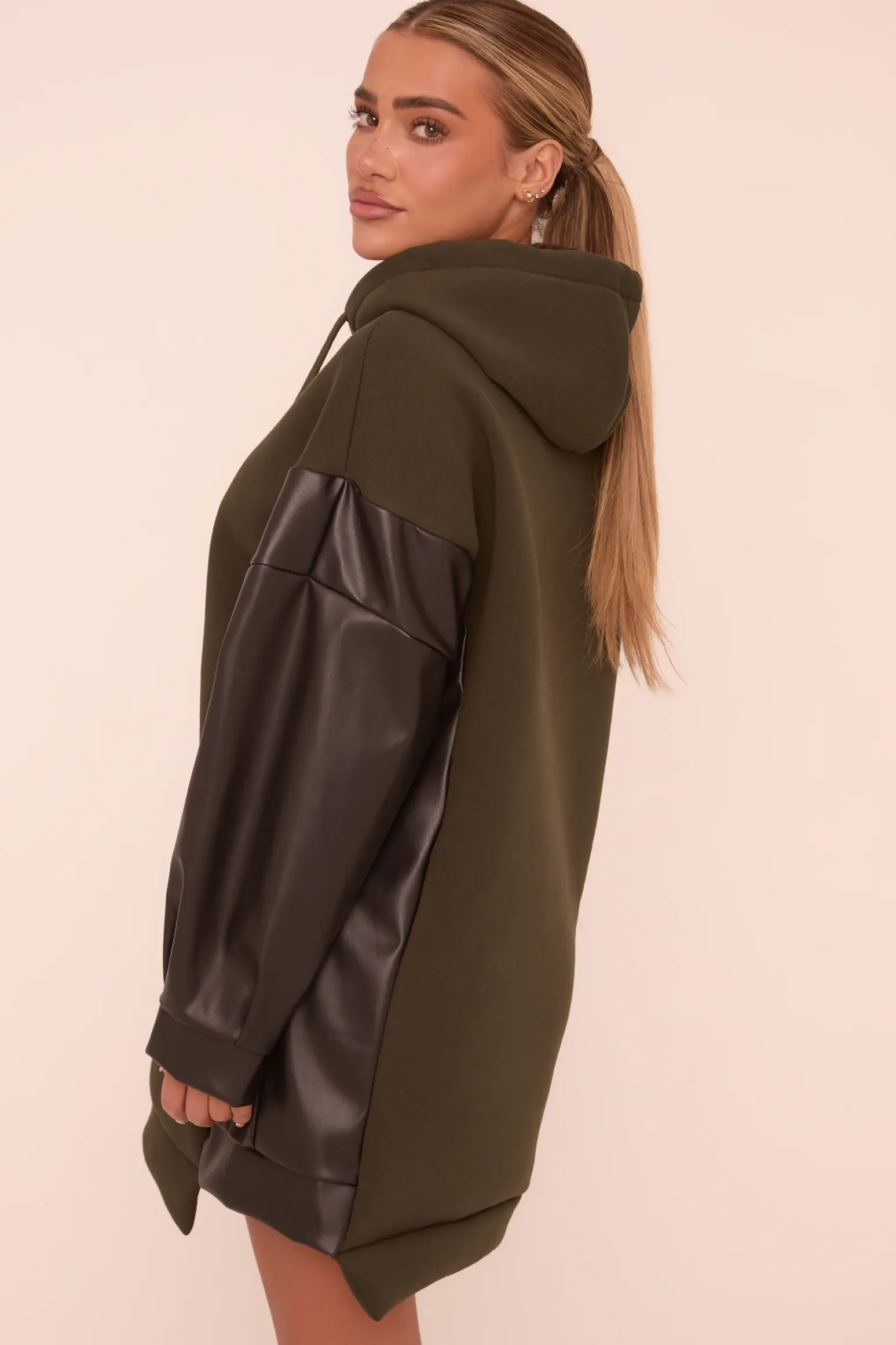 Rebellious Fashion Khaki Faux Leather Long Sleeves Hooded Jumper Dress - Kary