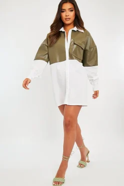 Rebellious Fashion Khaki Faux Leather Panel Shirt Dress - Arriya