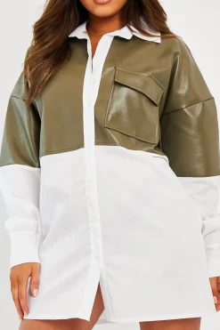 Rebellious Fashion Khaki Faux Leather Panel Shirt Dress - Arriya