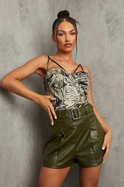 Rebellious Fashion Khaki Marble Satin Corset Top - Nasra