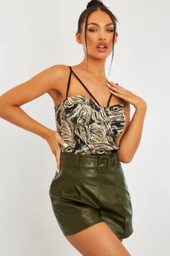 Rebellious Fashion Khaki Marble Satin Corset Top - Nasra