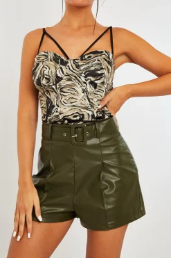 Rebellious Fashion Khaki Marble Satin Corset Top - Nasra