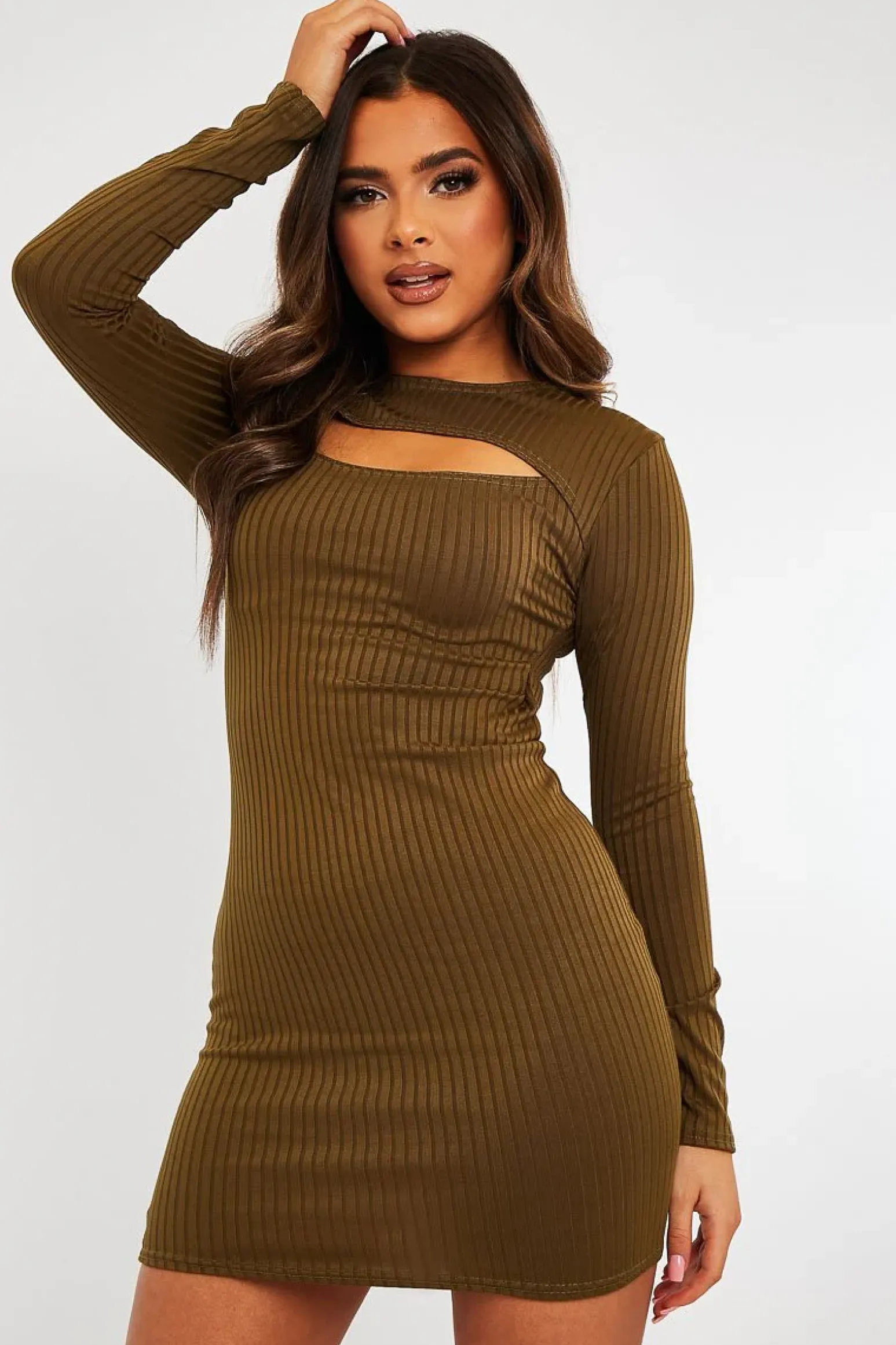 Rebellious Fashion Khaki Ribbed Cut Out Mini Dress - Ayana