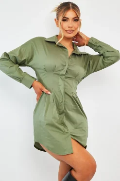 Rebellious Fashion Khaki Tailored Waist Long Sleeve Shirt Dress - Laritza