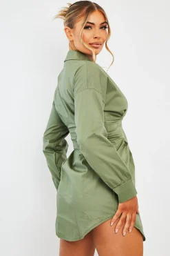 Rebellious Fashion Khaki Tailored Waist Long Sleeve Shirt Dress - Laritza