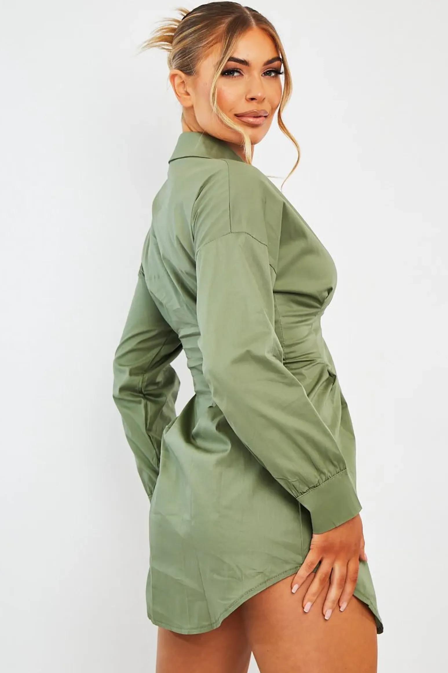 Rebellious Fashion Khaki Tailored Waist Long Sleeve Shirt Dress - Laritza