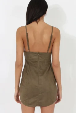 Rebellious Fashion Khaki V Plunge Bodycon Mini Dress - Gwen