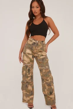 Rebellious Fashion Khaki Abstract Print Cargo Trousers - Faye