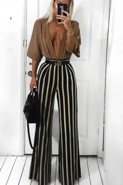 Rebellious Fashion Khaki and Beige Striped High Waist Wide Leg Trousers - Clarabell