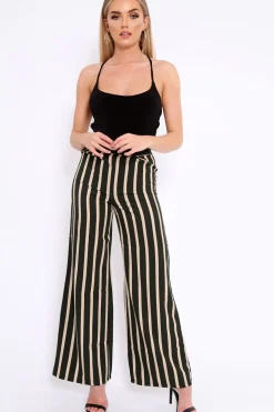 Rebellious Fashion Khaki and Beige Striped High Waist Wide Leg Trousers - Clarabell