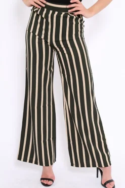 Rebellious Fashion Khaki and Beige Striped High Waist Wide Leg Trousers - Clarabell