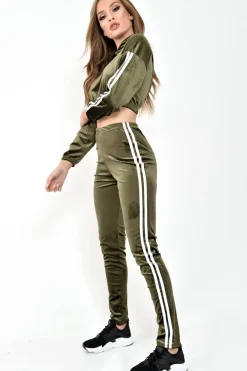 Rebellious Fashion Khaki And White Stripe Velour Cropped Tracksuit - Deymi