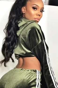 Rebellious Fashion Khaki And White Stripe Velour Cropped Tracksuit - Deymi