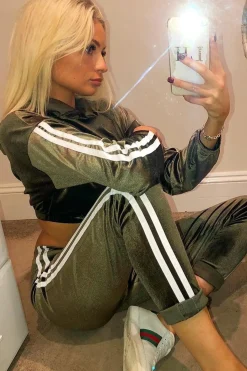 Rebellious Fashion Khaki And White Stripe Velour Cropped Tracksuit - Deymi