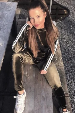 Rebellious Fashion Khaki And White Stripe Velour Cropped Tracksuit - Deymi
