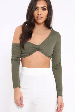 Rebellious Fashion Khaki Asymmetric Crop Top - Nicki