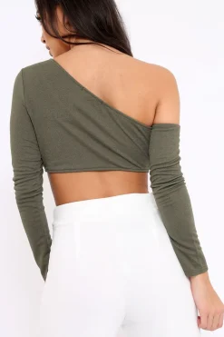Rebellious Fashion Khaki Asymmetric Crop Top - Nicki