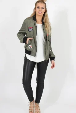 Rebellious Fashion Khaki Badge Detail Bomber Jacket - Suzy