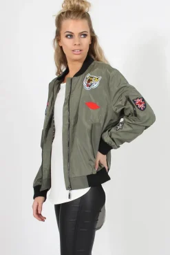 Rebellious Fashion Khaki Badge Detail Bomber Jacket - Suzy