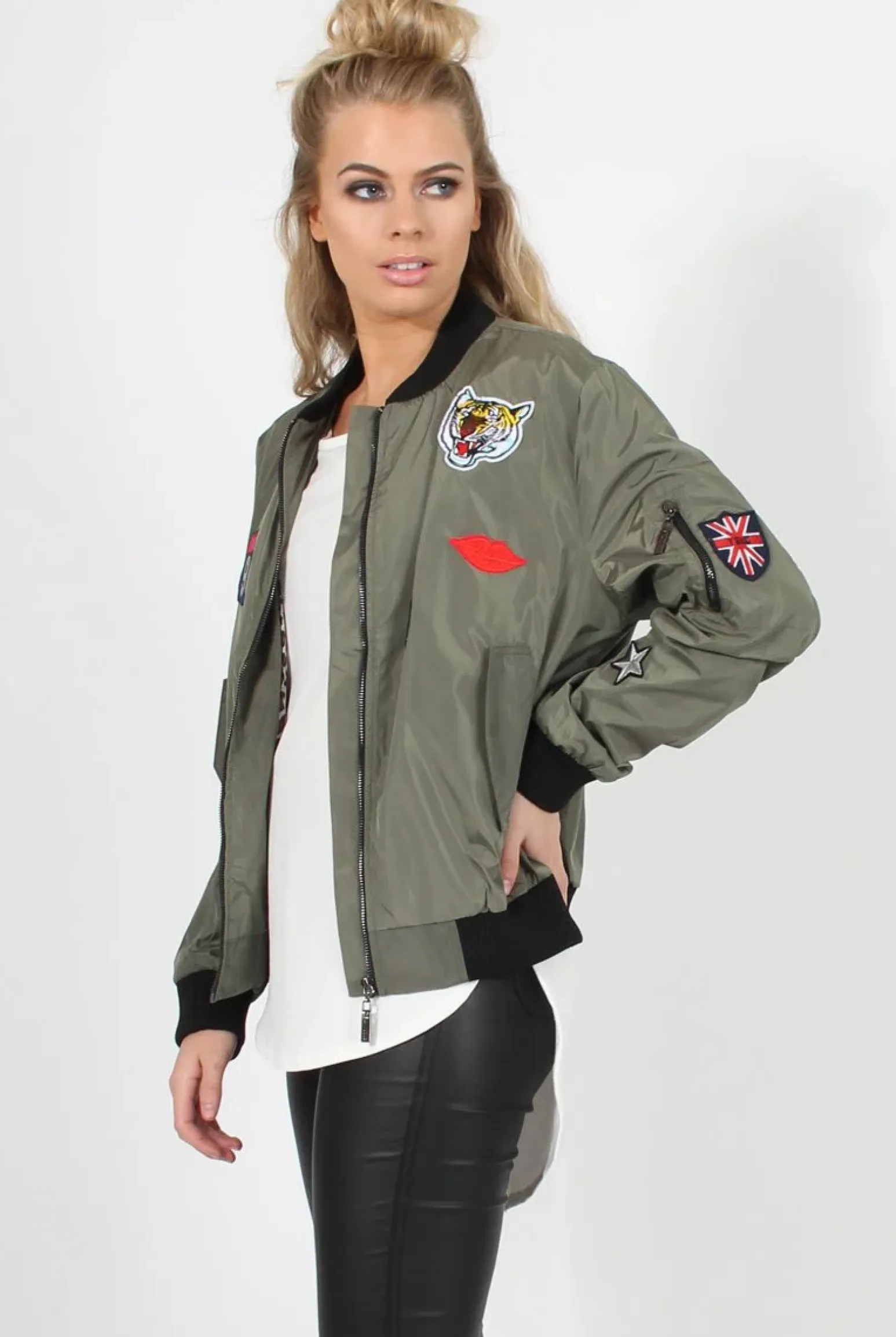 Rebellious Fashion Khaki Badge Detail Bomber Jacket - Suzy